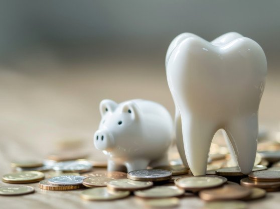 Large model tooth next to a small piggy bank on a pile of coins